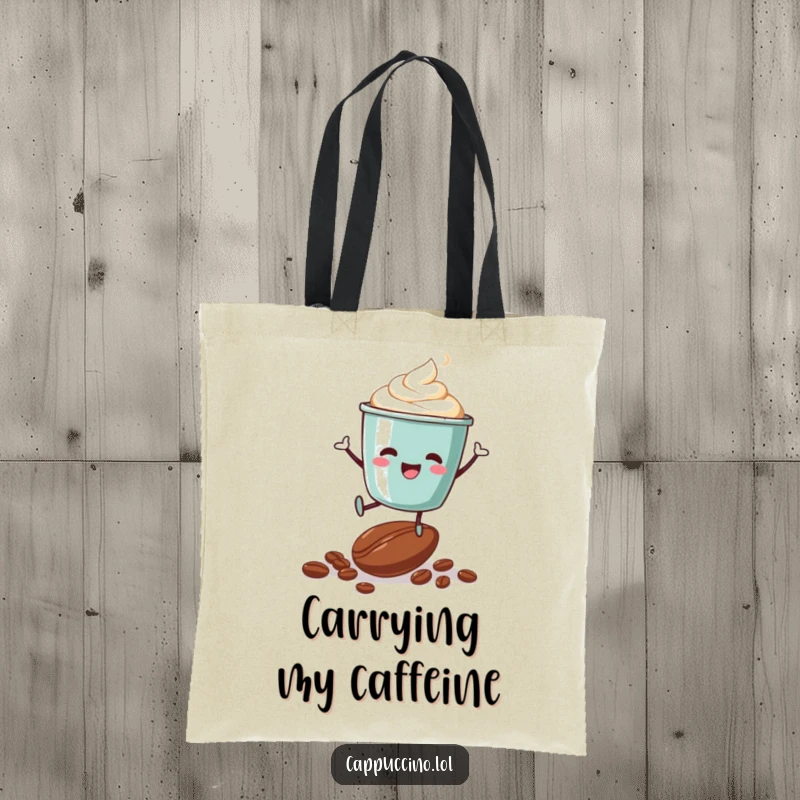 Funny tote bag with a delighted cappuccino cup character joyfully jumping on roasted coffee beans, ready for errands.