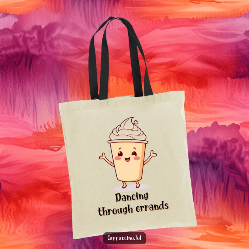 Funny Tote Bag with a cheerful cappuccino cup character caught mid-happy dance, perfect for carrying everyday items.