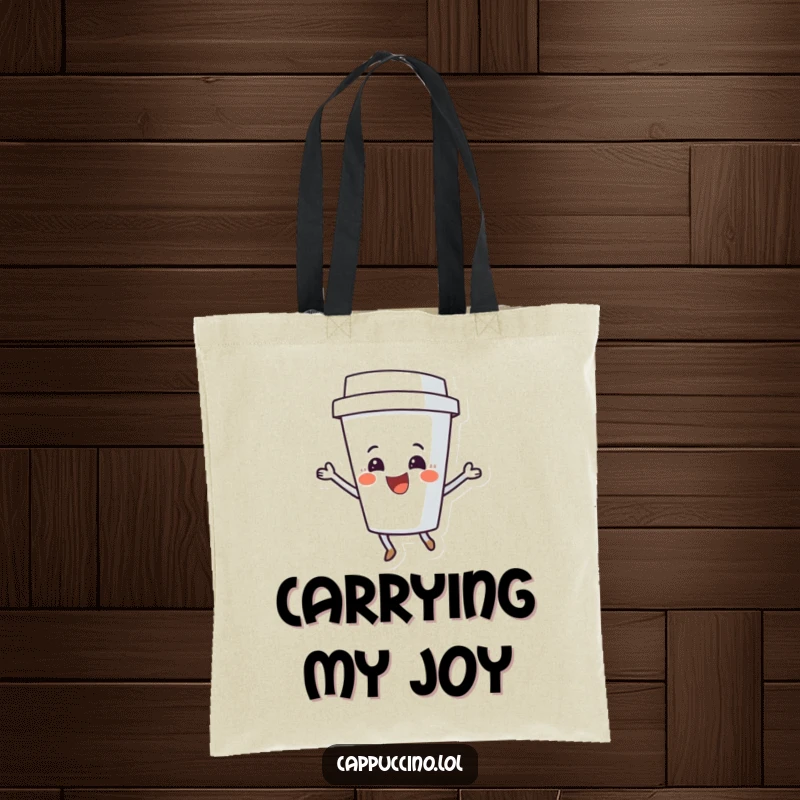 Funny Coffee Cup Shimmy Tote Bag with a delighted character dancing, perfect for carrying essentials with a smile.
