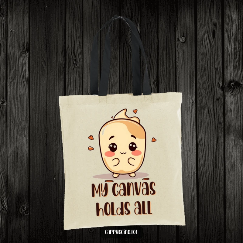 Funny espresso stain tote bag, playful character making silly faces, practical and stylish, excellent funny gift.