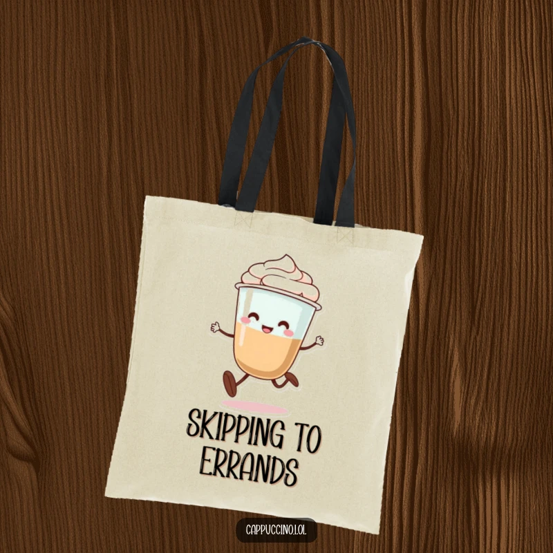 Funny tote bag with a cheerful cappuccino cup character with legs doing a silly little skip, perfect for errands.